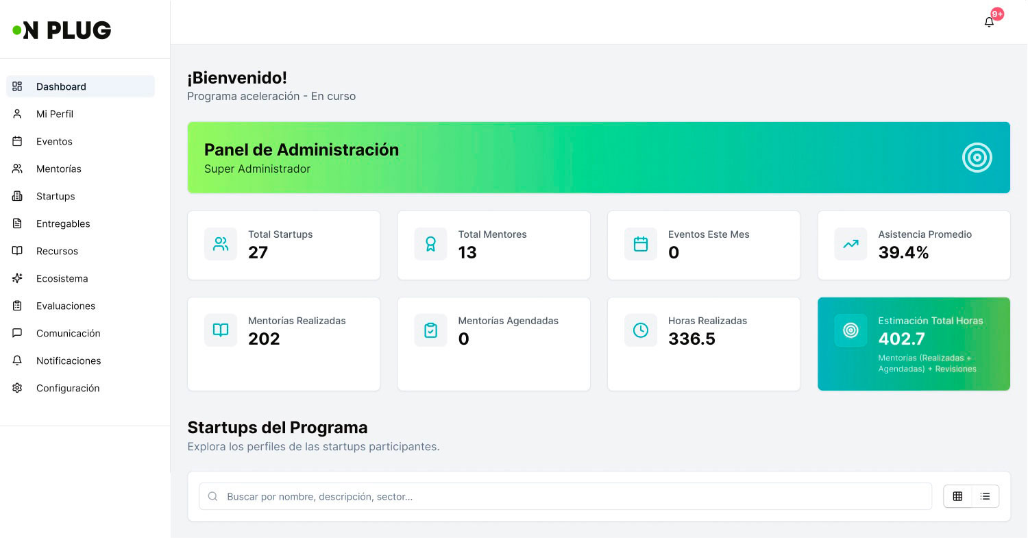Interfaz de Onplug: software para aceleradoras e incubadoras con métricas de IA